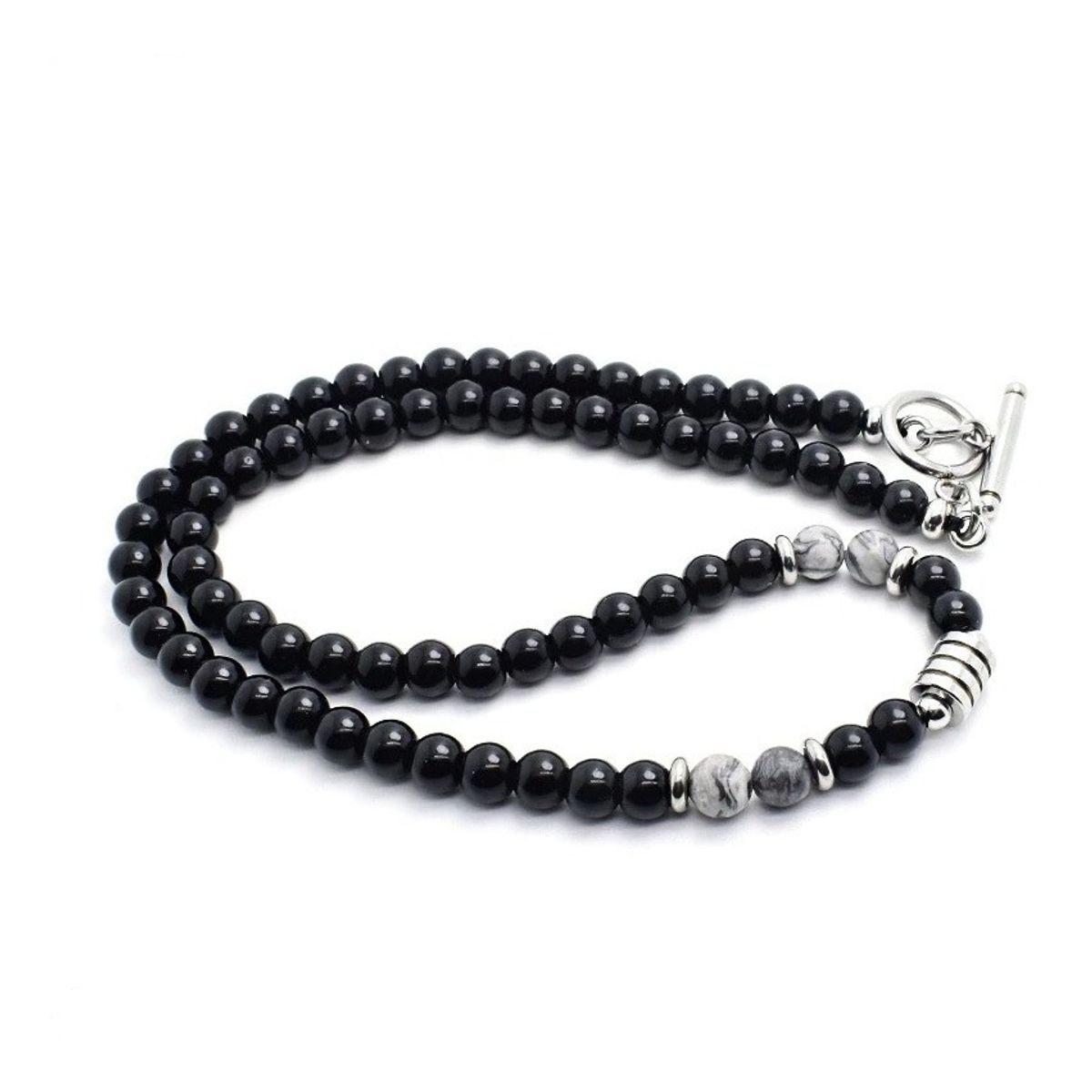 GENERICO - Collar Piedra Gris Y Onix 6mm Hombre Moda 2022 M1
