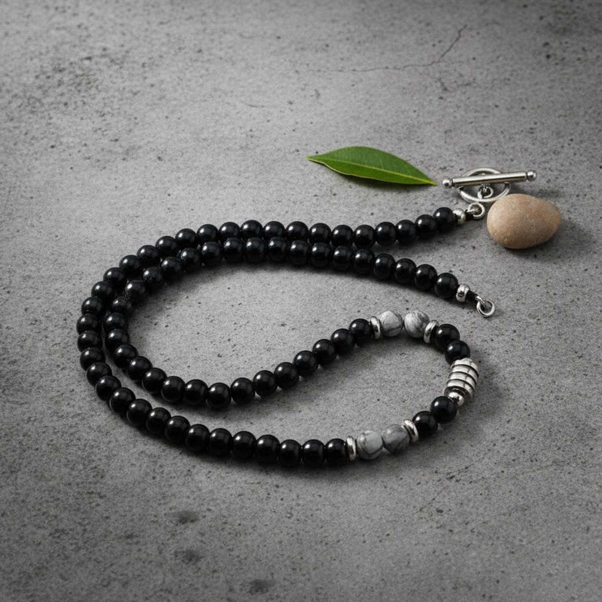 GENERICO - Collar Piedra Gris Y Onix 6mm Hombre Moda 2022 M1