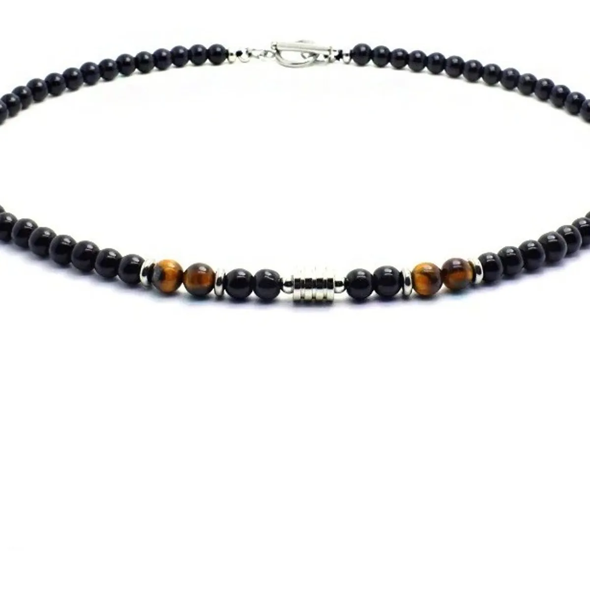 GENERICO - Collar Piedra Onix Y Ojo De Tigre 6mm Hombre Moda M1