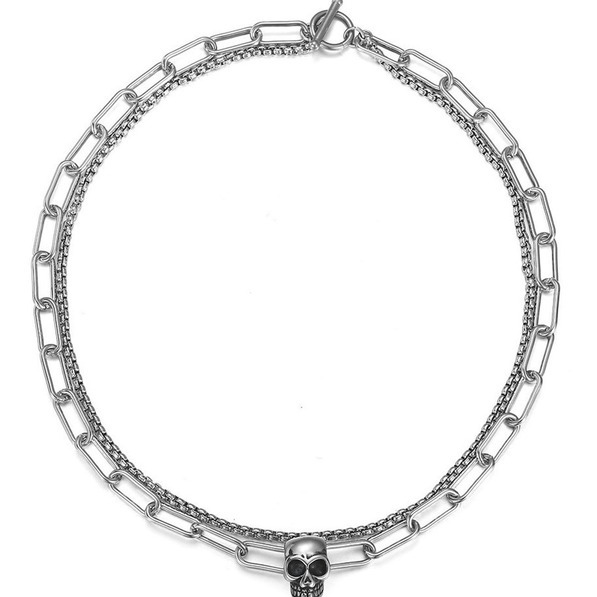 GENERICO - Collar Calavera Doble Silver Space Hombre Moda Punk