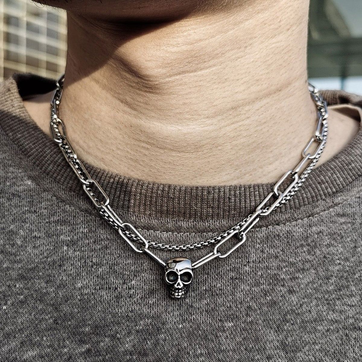 GENERICO - Collar Calavera Doble Silver Space Hombre Moda Punk