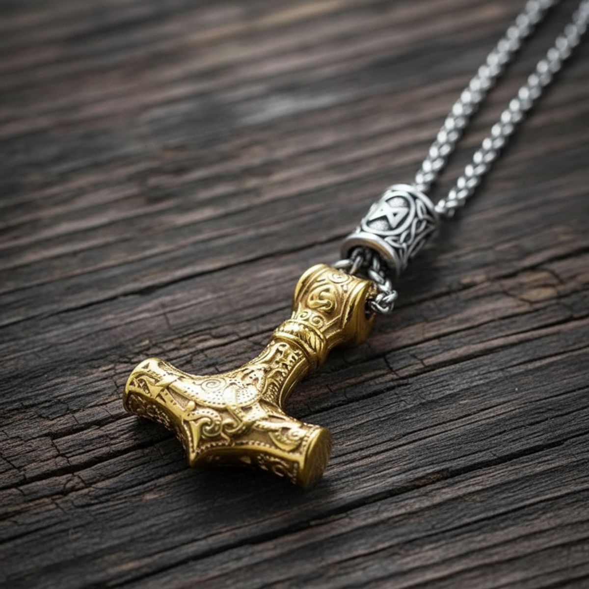 GENERICO - Collar Vikingo Martillo Gold Thor Nordico Runas Hombre L