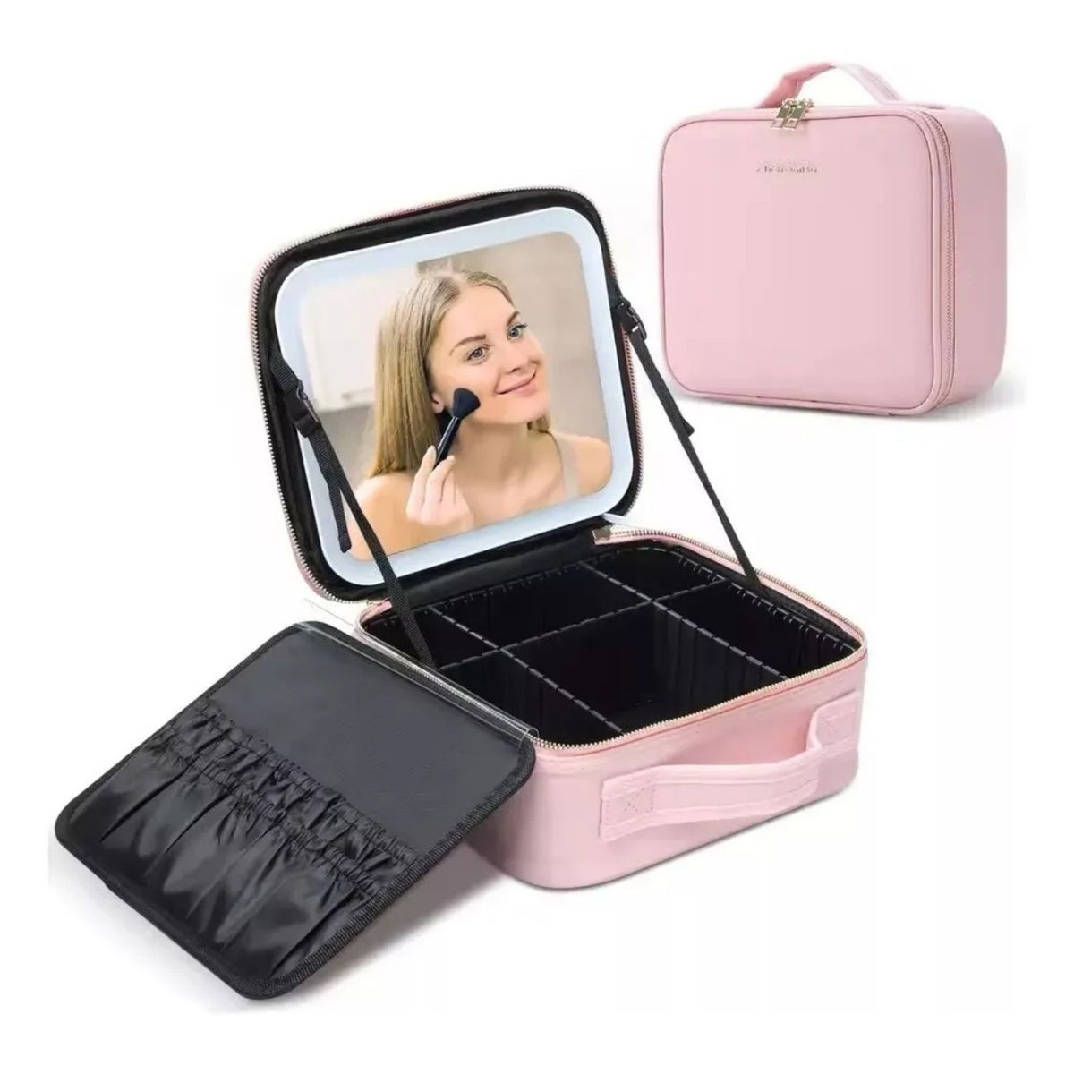 GENERICO - Estuche Organizador De Maquillajes Con Espejo Led Rosa