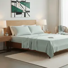 AMABILE - Juego de Sábanas 1.5 Plazas Verde Agua Satinadas y Suaves  Algodón 100% Indio