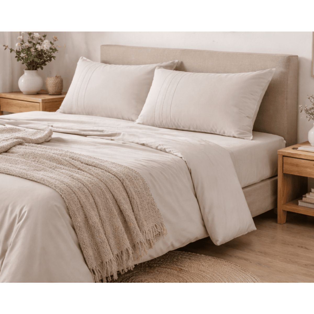 AMABILE - Juego de Sábanas 1.5 Plazas  Beige Satinadas y Suaves   Algodón 100%  Indio