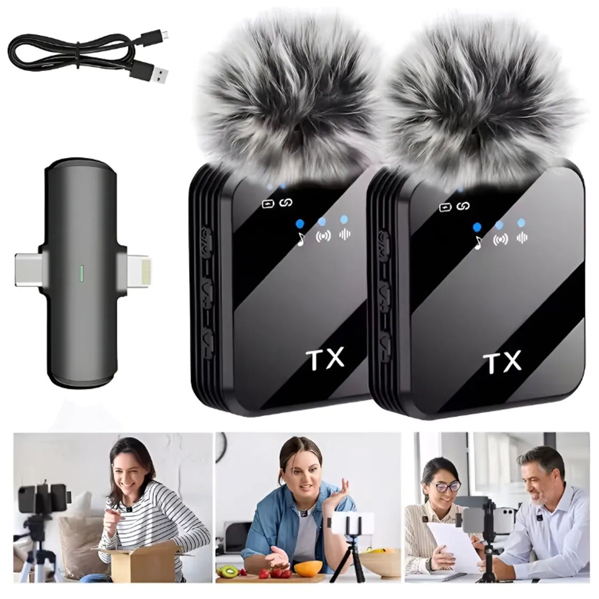 GENERICO - Microfono Inalambrico Solapa Dual Tipo C Y Lightning Doble Negro