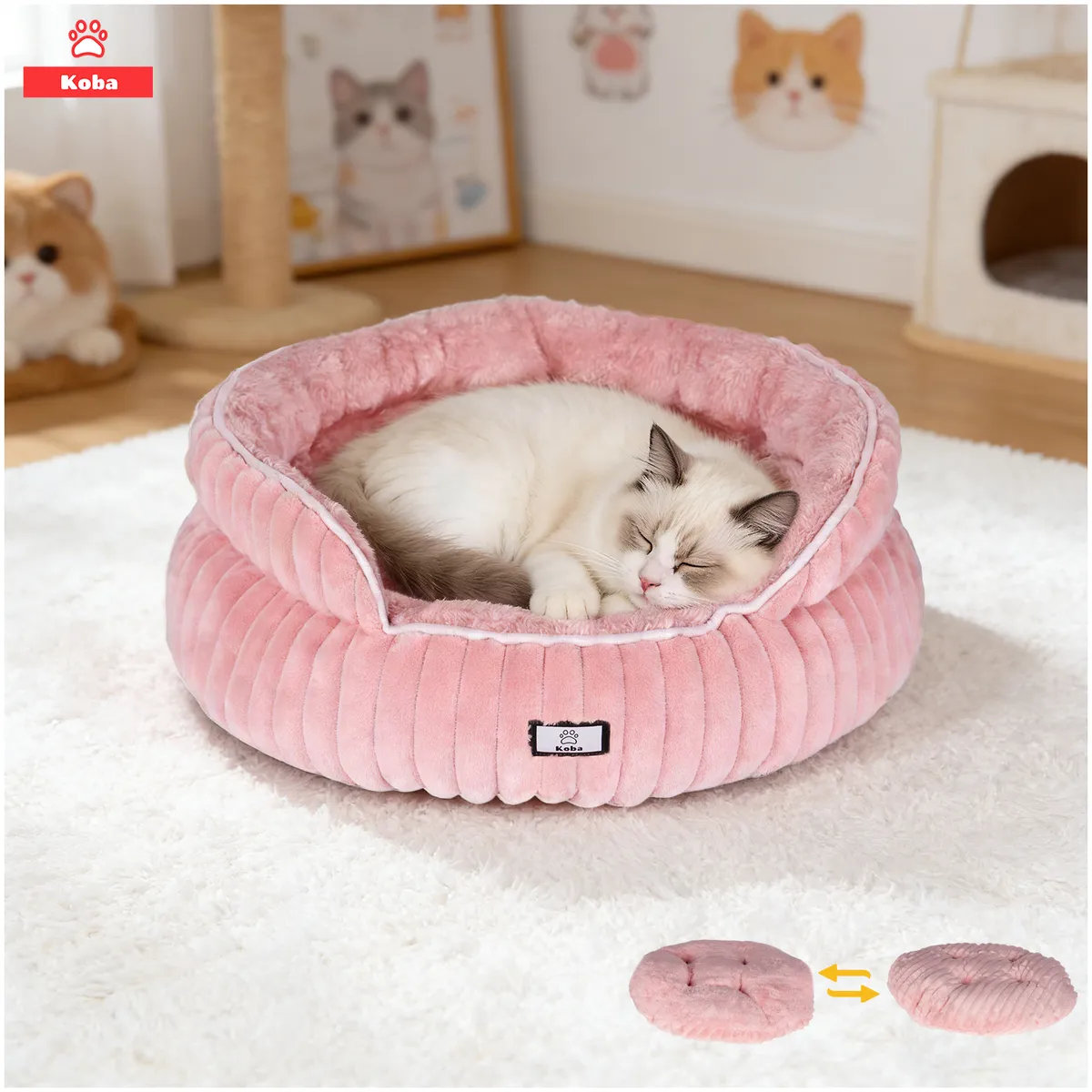 KOBA - Cama Antiestrés Para Mascota Gatos Perros Con Cojín Reversible 50x50x20cm Color Rosa