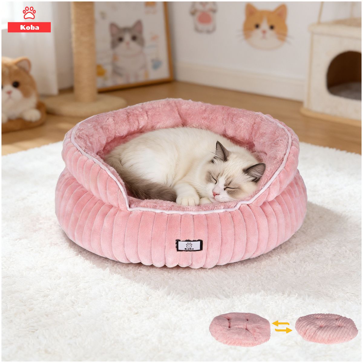 KOBA - Cama Antiestrés Para Mascota Gatos Perros Con Cojín Reversible 50x50x20cm Color Rosa