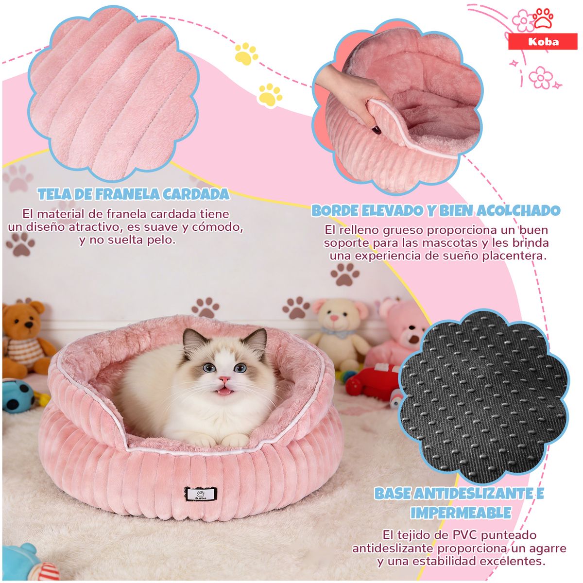 KOBA - Cama Antiestrés Para Mascota Gatos Perros Con Cojín Reversible 50x50x20cm Color Rosa