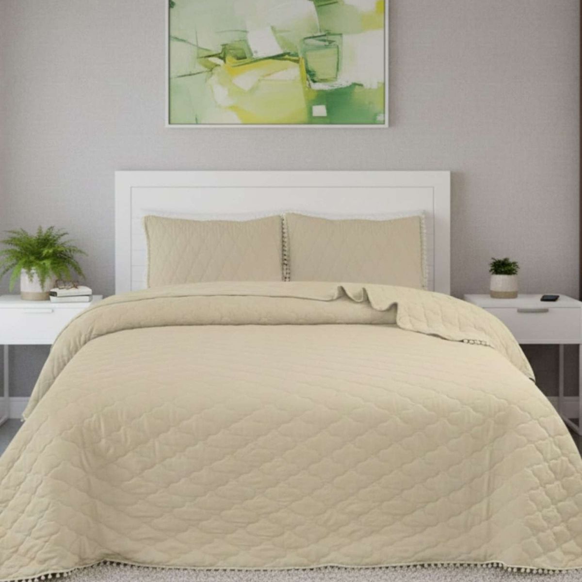 GENERICO - Cubrecama Quilt Primavera Verano Diseño con Pompones King-Superking
