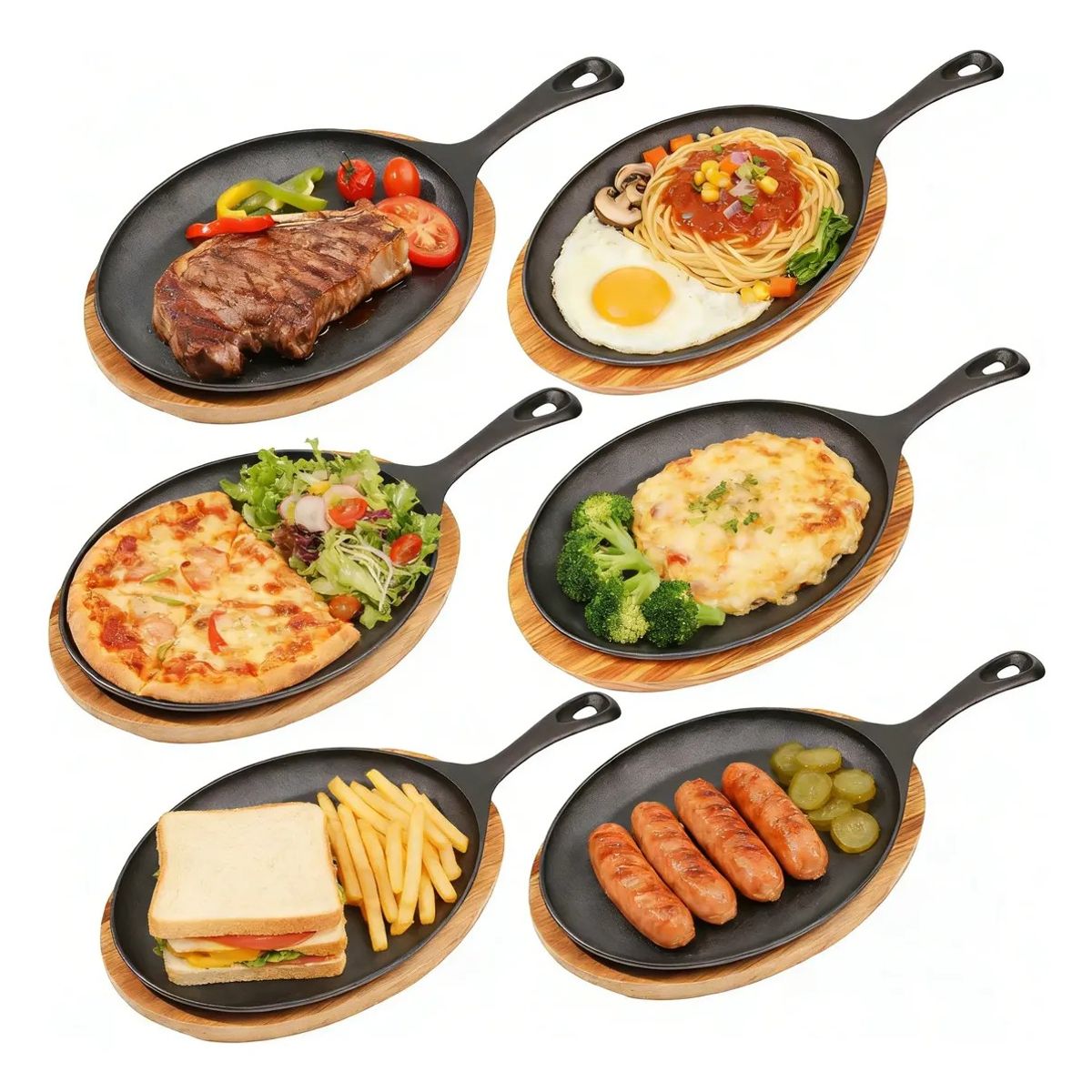 KUANGYE - Set De 6 Platos De Hierro Fundido 25 X 18cms + Base Madera Negro Fierro