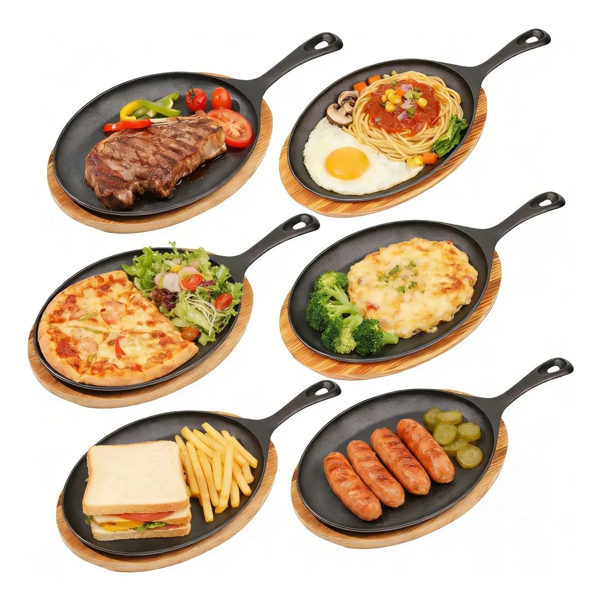 KUANGYE - Set De 6 Platos De Hierro Fundido 25 X 18cms + Base Madera Negro Fierro