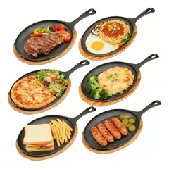 KUANGYE - Set De 6 Platos De Hierro Fundido 25 X 18cms + Base Madera Negro Fierro