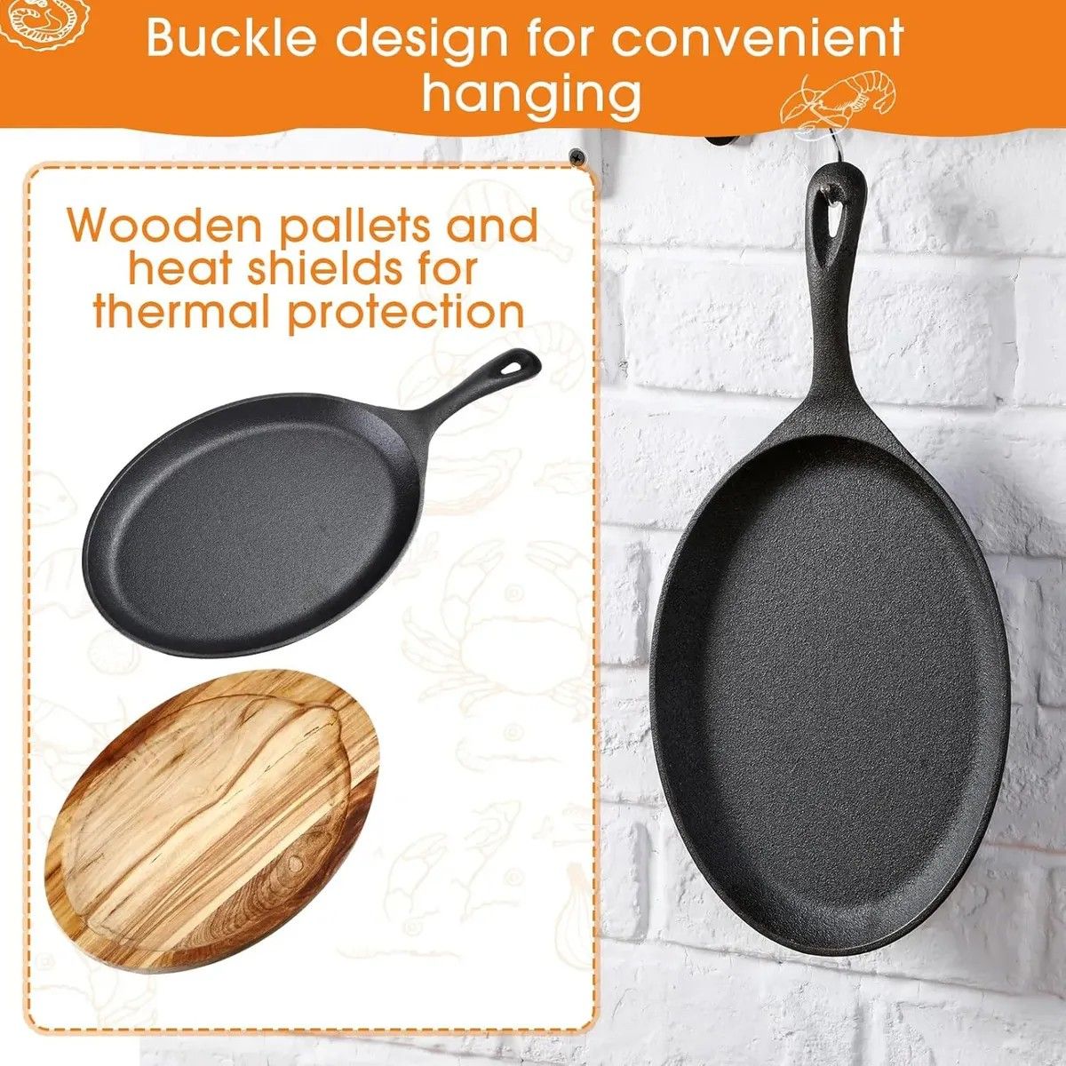 KUANGYE - Set De 6 Platos De Hierro Fundido 25 X 18cms + Base Madera Negro Fierro