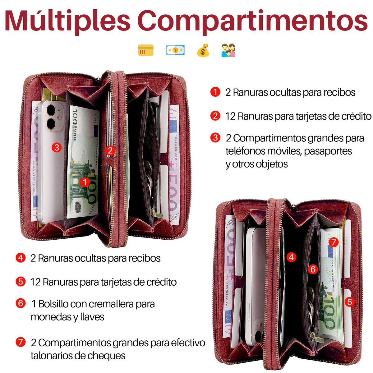 SLOWTON - Billetera Originals Cartera De Mujer Bloqueo Billetero Doble Gran Capacidad