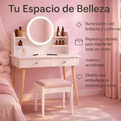 MOVI - TOCADOR O MESA DE MAQUILLAJE Y PEINADO CON LUZ LED, 2 CAJONES Y ASIENTO