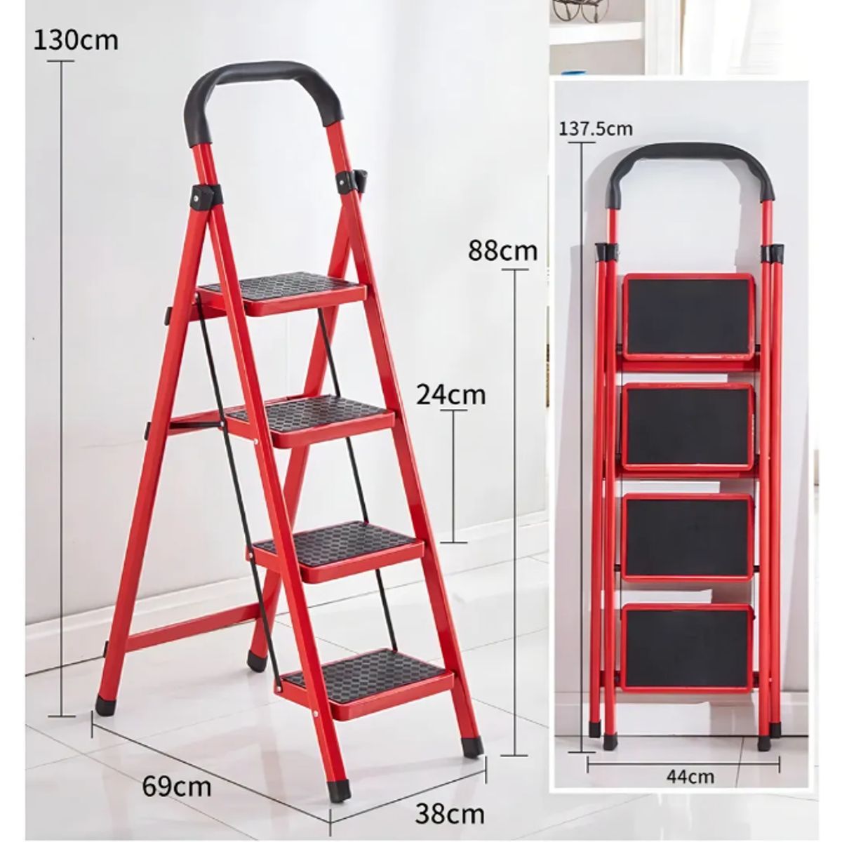 GENERICO - Escalera Metalica Roja Plegabe 4 Escalones Gms