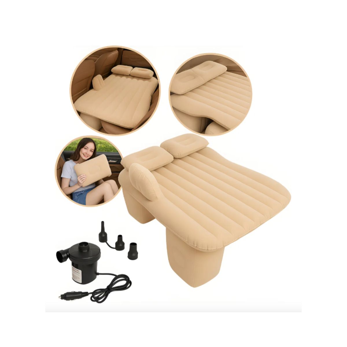 GENERICO - Colchon Inflable Asiento Trasero Auto + Compresor De Aire Color Beige