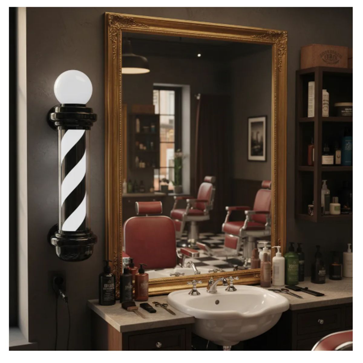 GENERICO - Poste De Barbería Grande Barber Pole Con Esfera De Luz NEGRO CON BLANCO 88cm