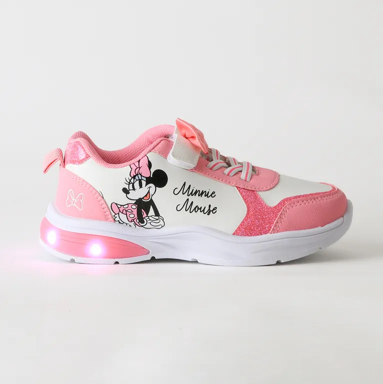 Zapatilla Luces Niña Velcro Moño Minnie Rosado