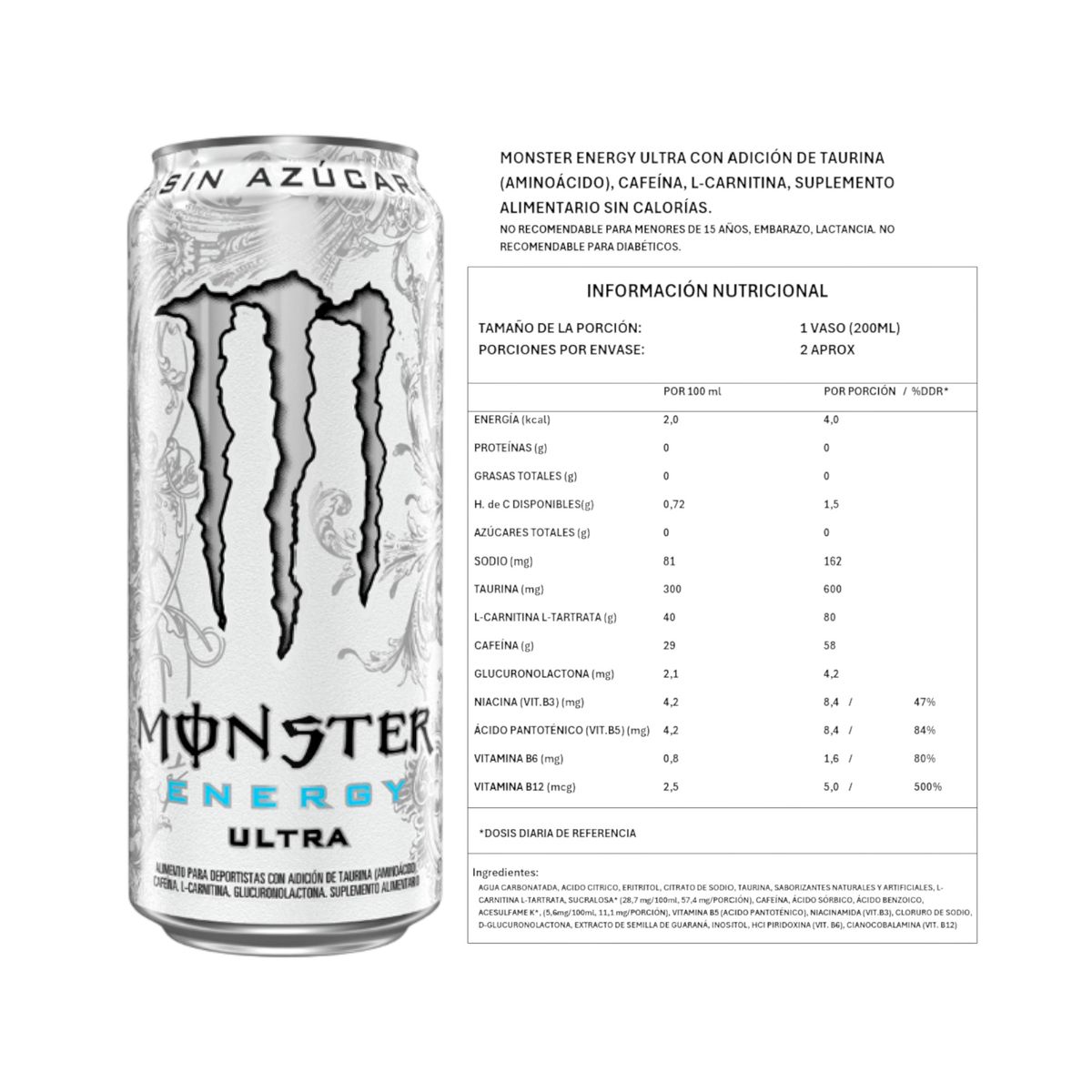 MONSTER - PACK X6 ENERGETICA ULTRA SIN AZUCAR 473ML - MONSTER ENERGY