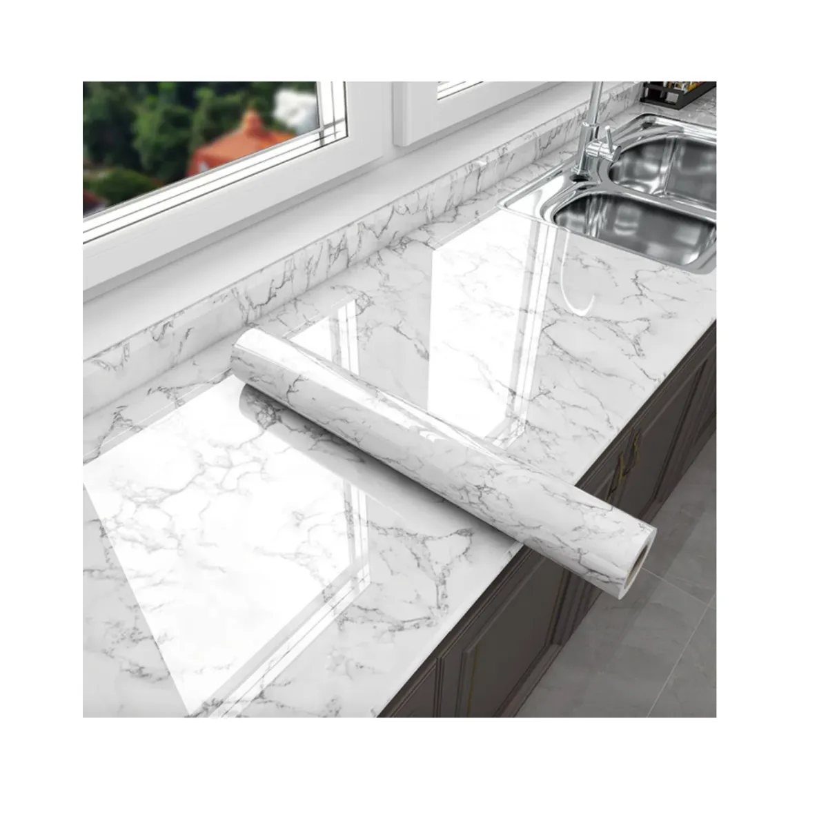GENERICO - Papel Tapiz Adhesivo Mármol Impermeable Para Encimera Cajon 10m Blanco