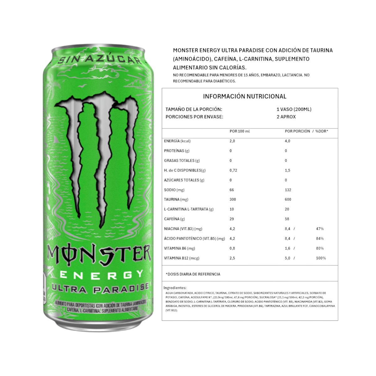 MONSTER - PACK X6 ENERGETICA ULTRA PARADISE SIN AZUCAR 473ML - MONSTER ENERGY