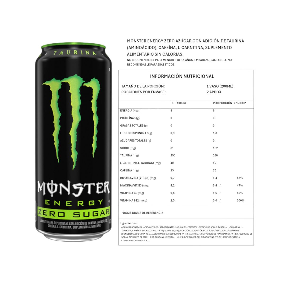 MONSTER - PACK X6 ENERGETICA GREEN ZERO AZUCAR 473ML - MONSTER ENERGY