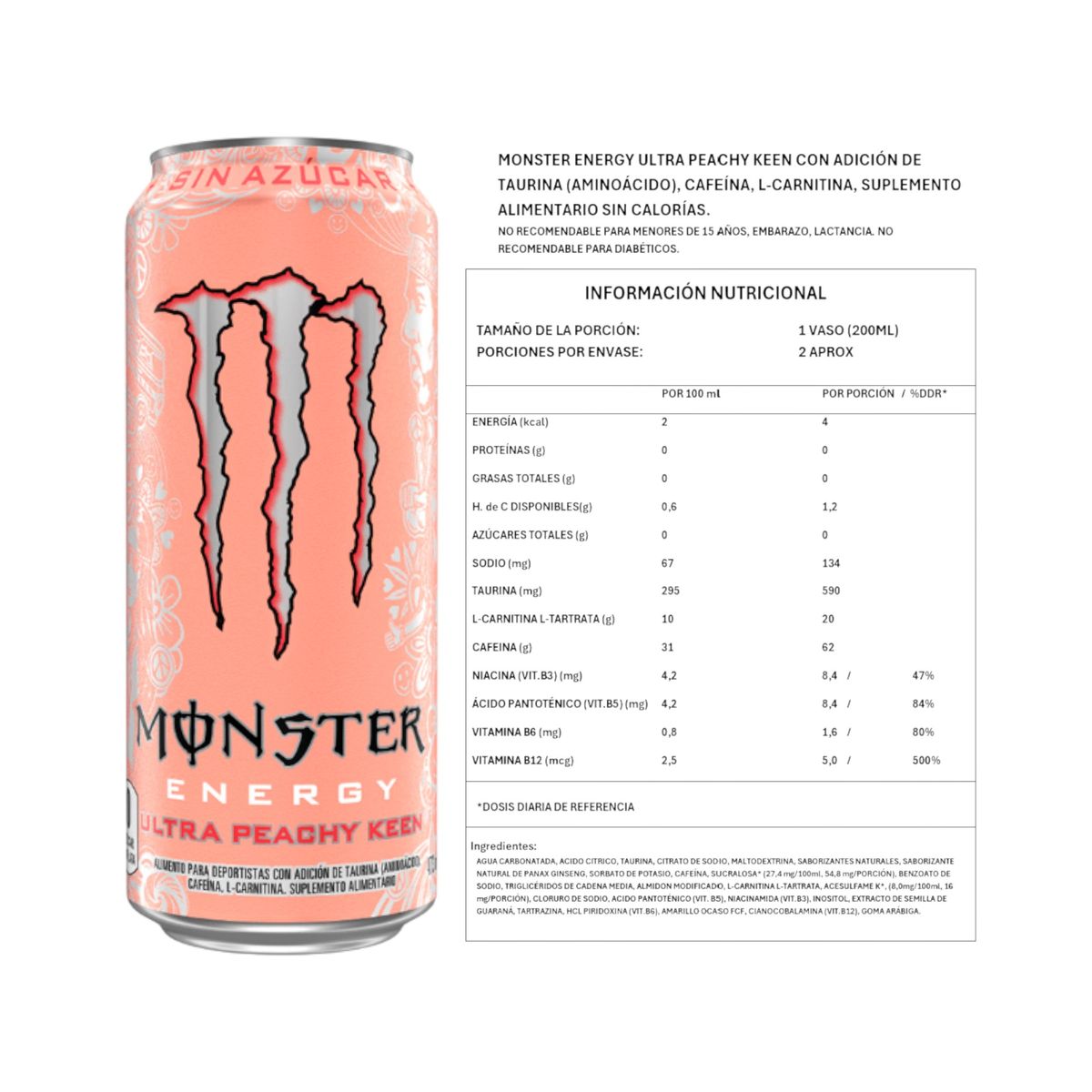 MONSTER - PACK X6 ENERGETICA ULTRA PEACHY KEEN SIN AZUCAR 473ML - MONSTER ENERGY