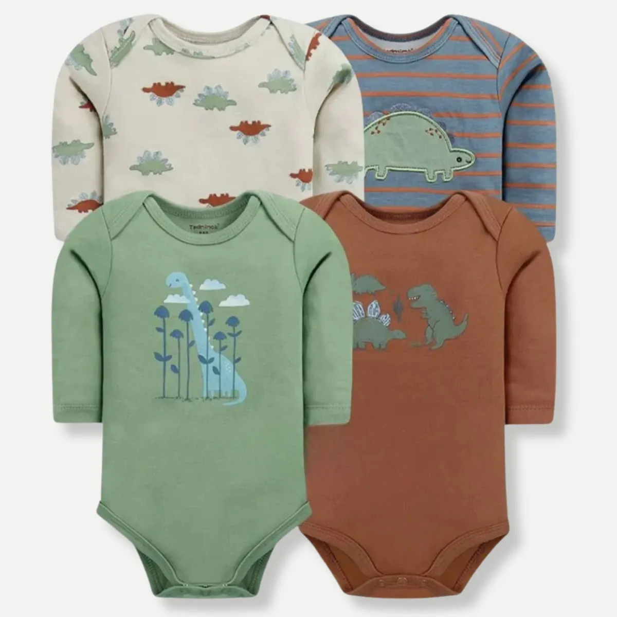 TEDMIMAK - Pack 4 Bodys Tedmimak Niño Manga Larga Dinosaurios 100% Algodón