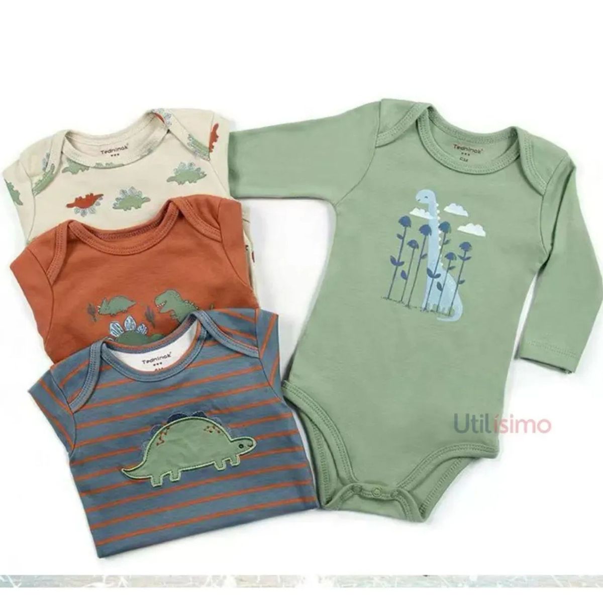 TEDMIMAK - Pack 4 Bodys Tedmimak Niño Manga Larga Dinosaurios 100% Algodón