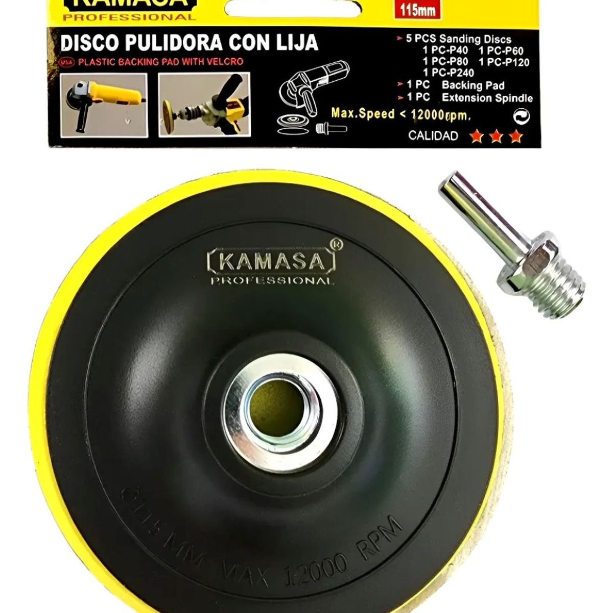 KAMASA - Disco Pulidor Con Velcro Para Esmeril Angular 115mm + 5 Lija