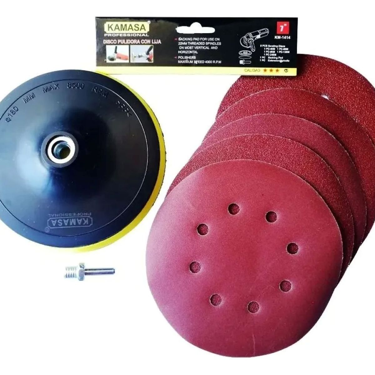 KAMASA - Disco Pulidora Velcro 7 Pulgadas Esmeril Y Taladro + 5 Lijas