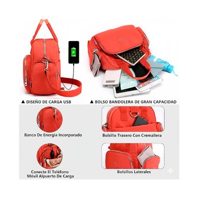 Imagen 2 del producto Mochila Bolso Mujer Nylon Multifuncional Con Usb Para Viaje