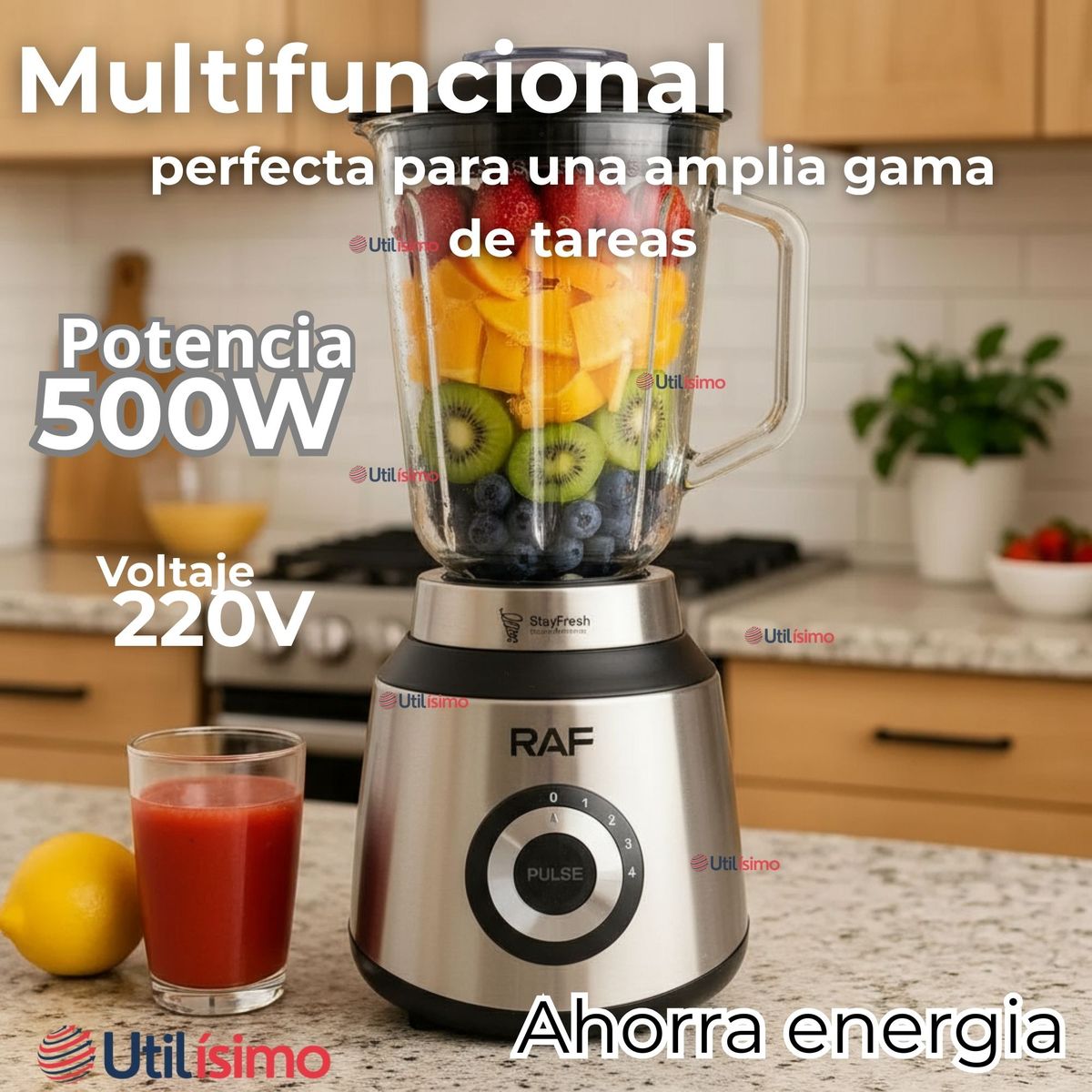 RAF - Licuadora Juguera Multifuncional 2 en 1 + Picadora y Jarra de Vidrio