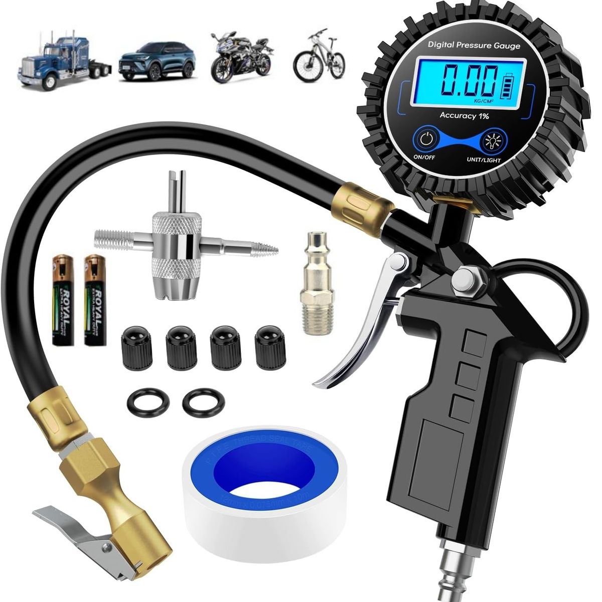 KUANGYE - Pistola Para Inflar Y Calibrar Neumáticos Digital Manómetro 0-250Psi con Luz Manguera y Acoplador