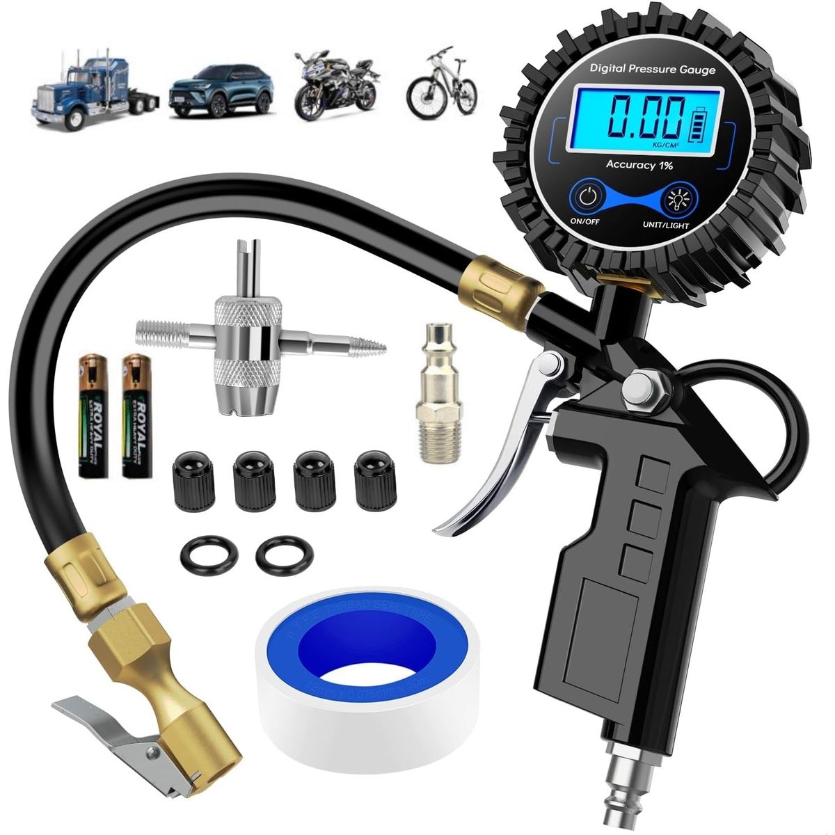KUANGYE - Pistola Para Inflar Y Calibrar Neumáticos Digital Manómetro 0-250Psi con Luz Manguera y Acoplador