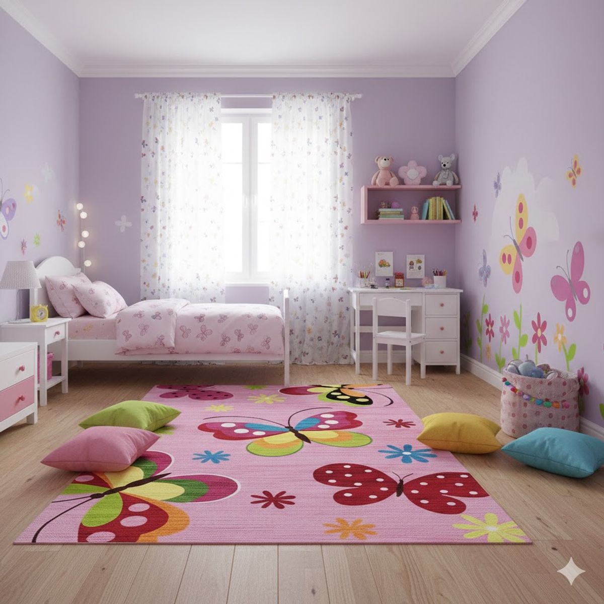 GENERICO - ALFOMBRA DE NIÑA DISEÑO ROSA MARIPOSAS 120X160 WM