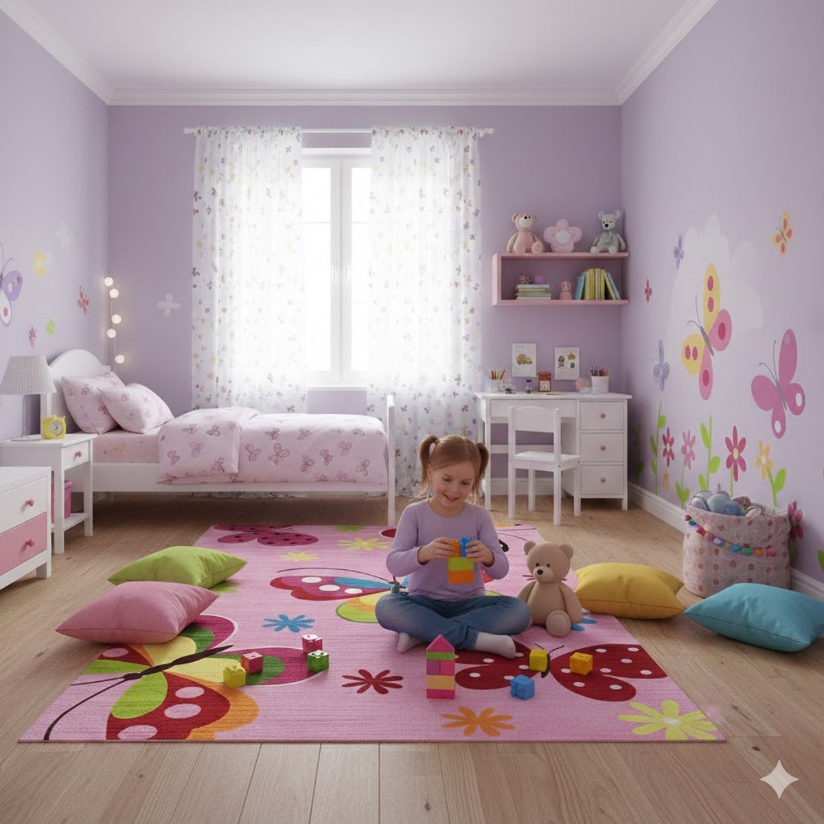 GENERICO - ALFOMBRA DE NIÑA DISEÑO ROSA MARIPOSAS 120X160 WM