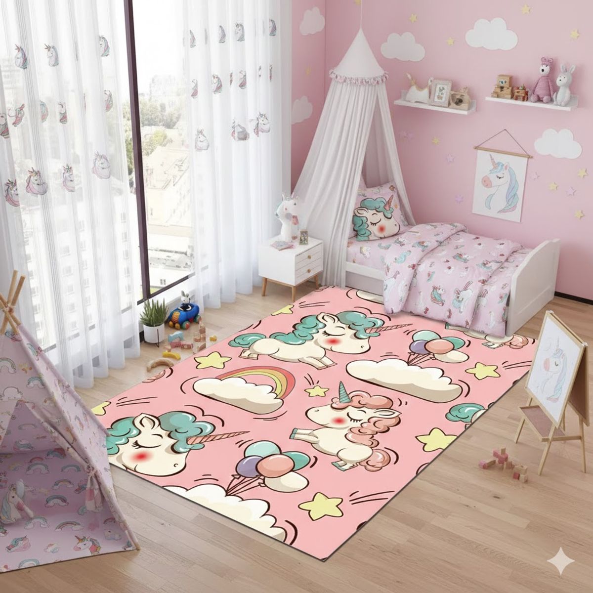 GENERICO - ALFOMBRA DE NIÑA DISEÑO ROSA NUBES UNICORNIO 120X160 WM