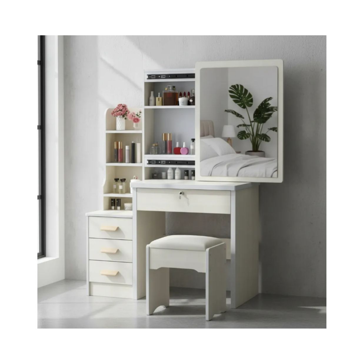 GENERICO - Tocador Con Espejo Movible 80x40x130cm Con Taburete Color Blanco SA-17