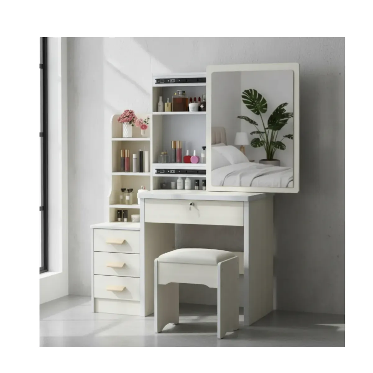 GENERICO - Tocador Con Espejo Movible 80x40x130cm Con Taburete Color Blanco SA-17