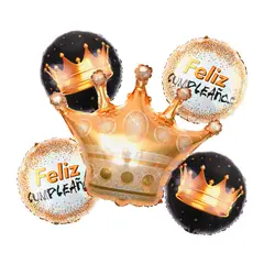 GENERICO - SET 6 GLOBO FELIZ CUMPLE CORONA NEGRO X1 UNI