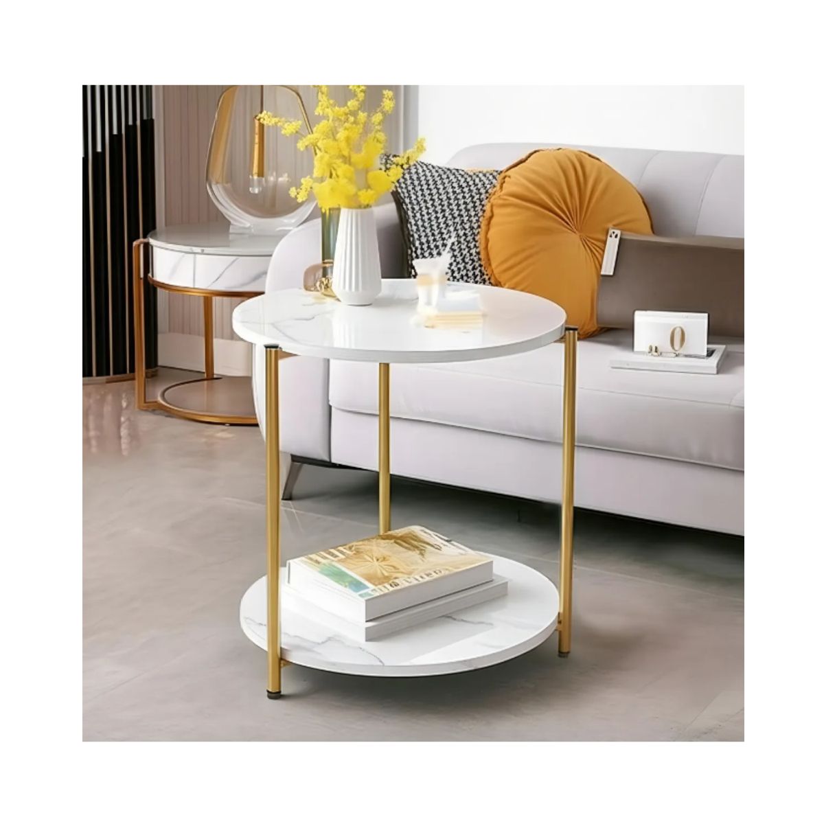 GENERICO - Mesa Auxiliar Moderna Marmoleado Decoracion Redondo Blanco