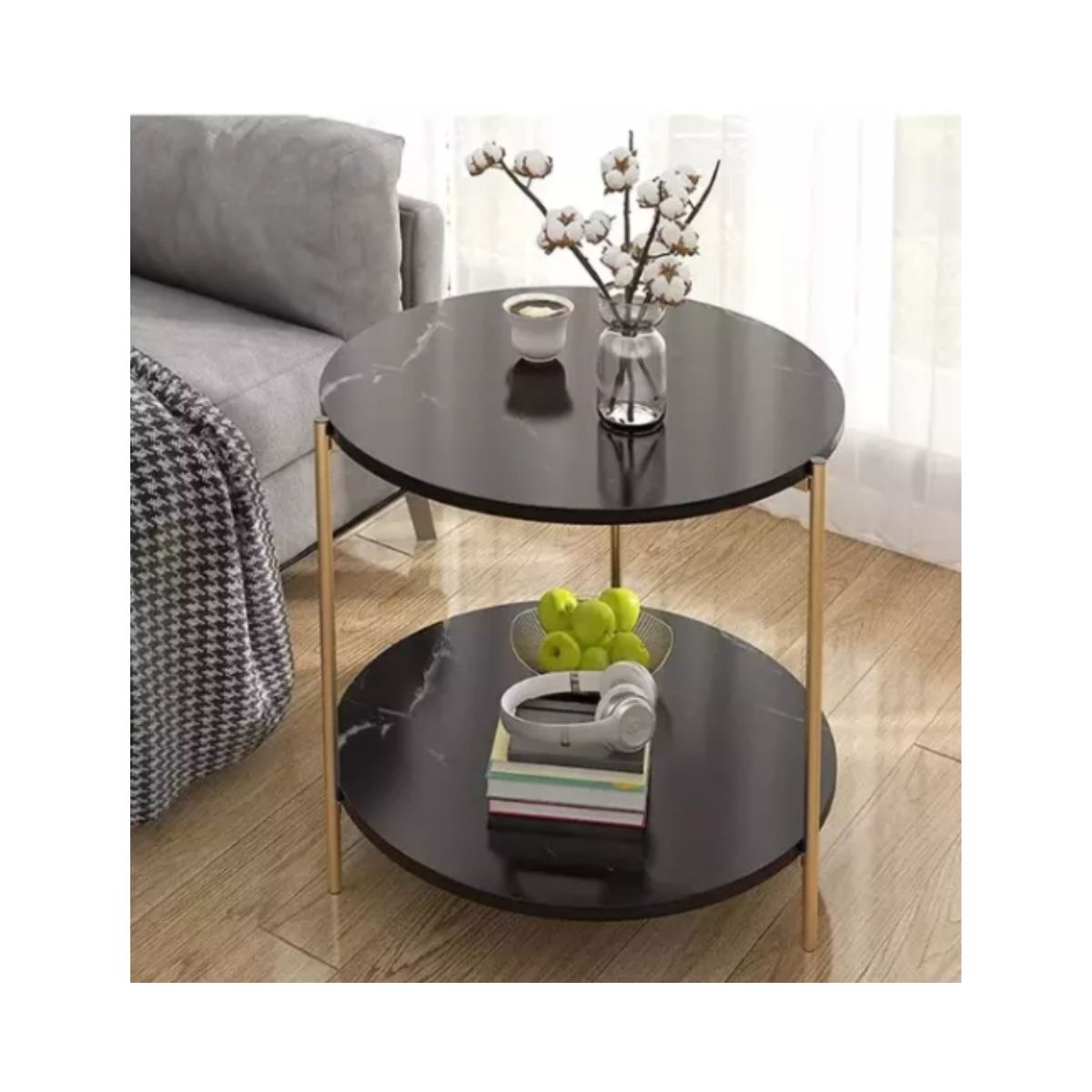 GENERICO - Mesa Auxiliar Moderna Marmoleado Decoracion Redondo Negro