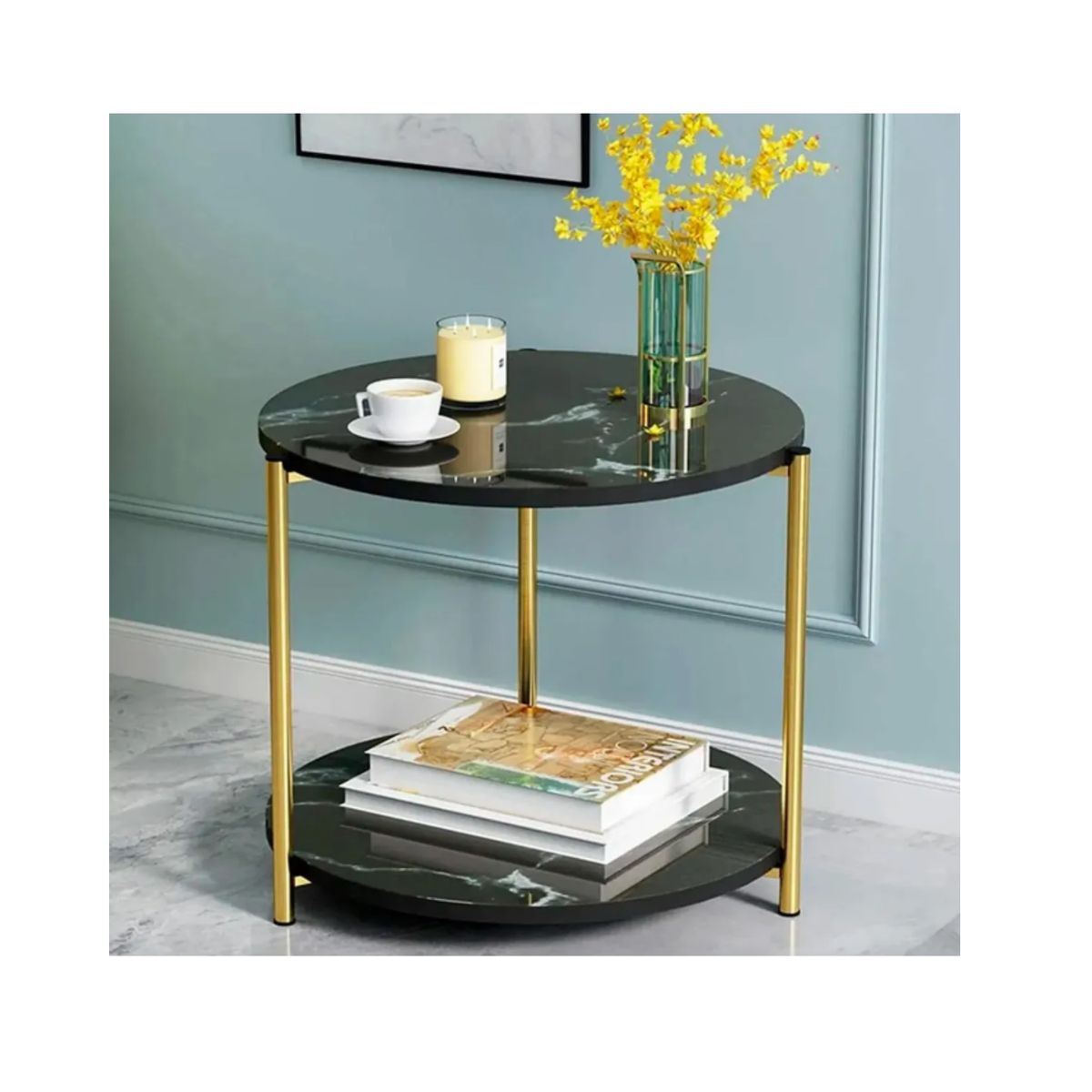 GENERICO - Mesa Auxiliar Moderna Marmoleado Decoracion Redondo Negro