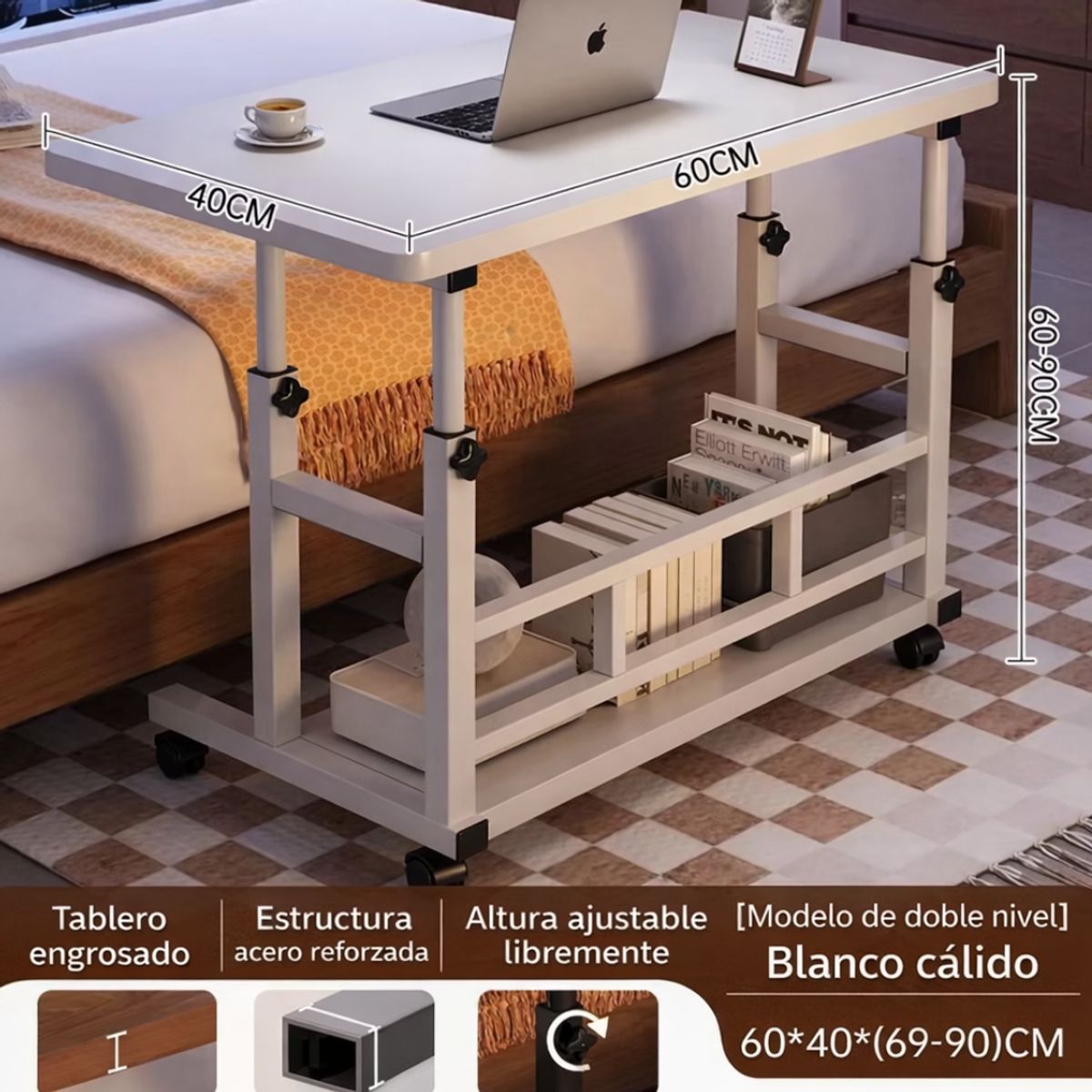 SUKEA - Mesa Auxiliar Ajustable con Ruedas para Notebook 60x40 cm Blanca