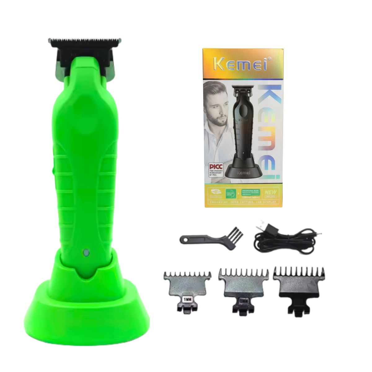 KEMEI - Maquina Trimmer Patillera Kemei 2299 Con Base De Carga Verde