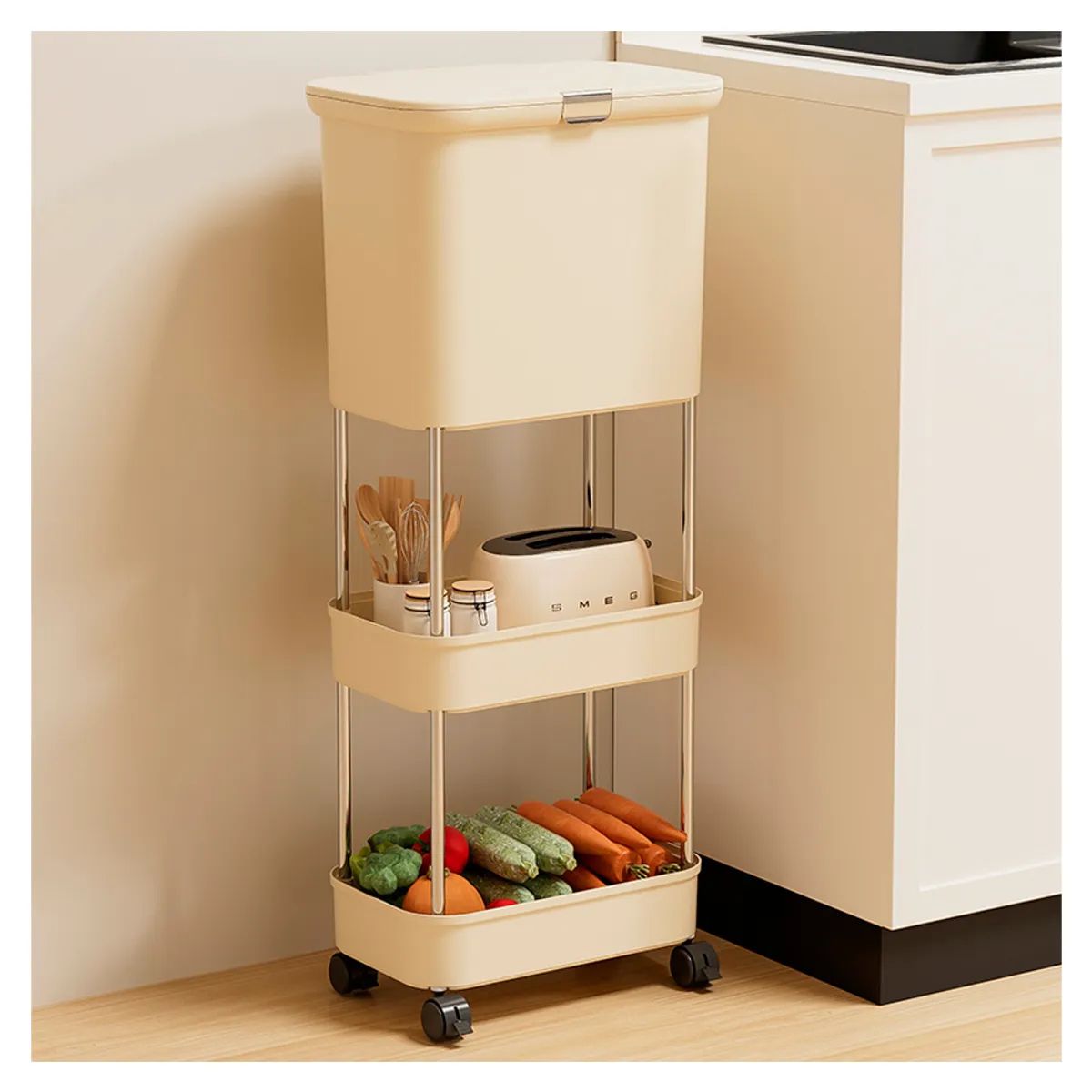 IRM - Estante Organizador Vertical Con Tacho Para Basura De Cocina Beige