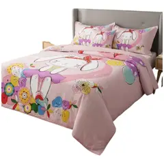 GENERICO - Cubrecama Quilt de Verano 1.5 Plazas diseño de conejo color rosa y flores